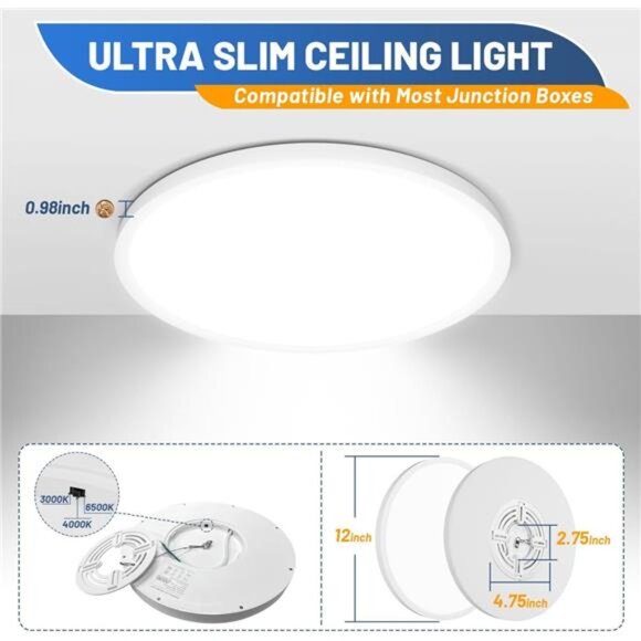 LED Flush Mount Ceiling Light Fixture, 12inch 24W 2880lm CCT 3000K/4000K/6500K - Picture 4 of 6